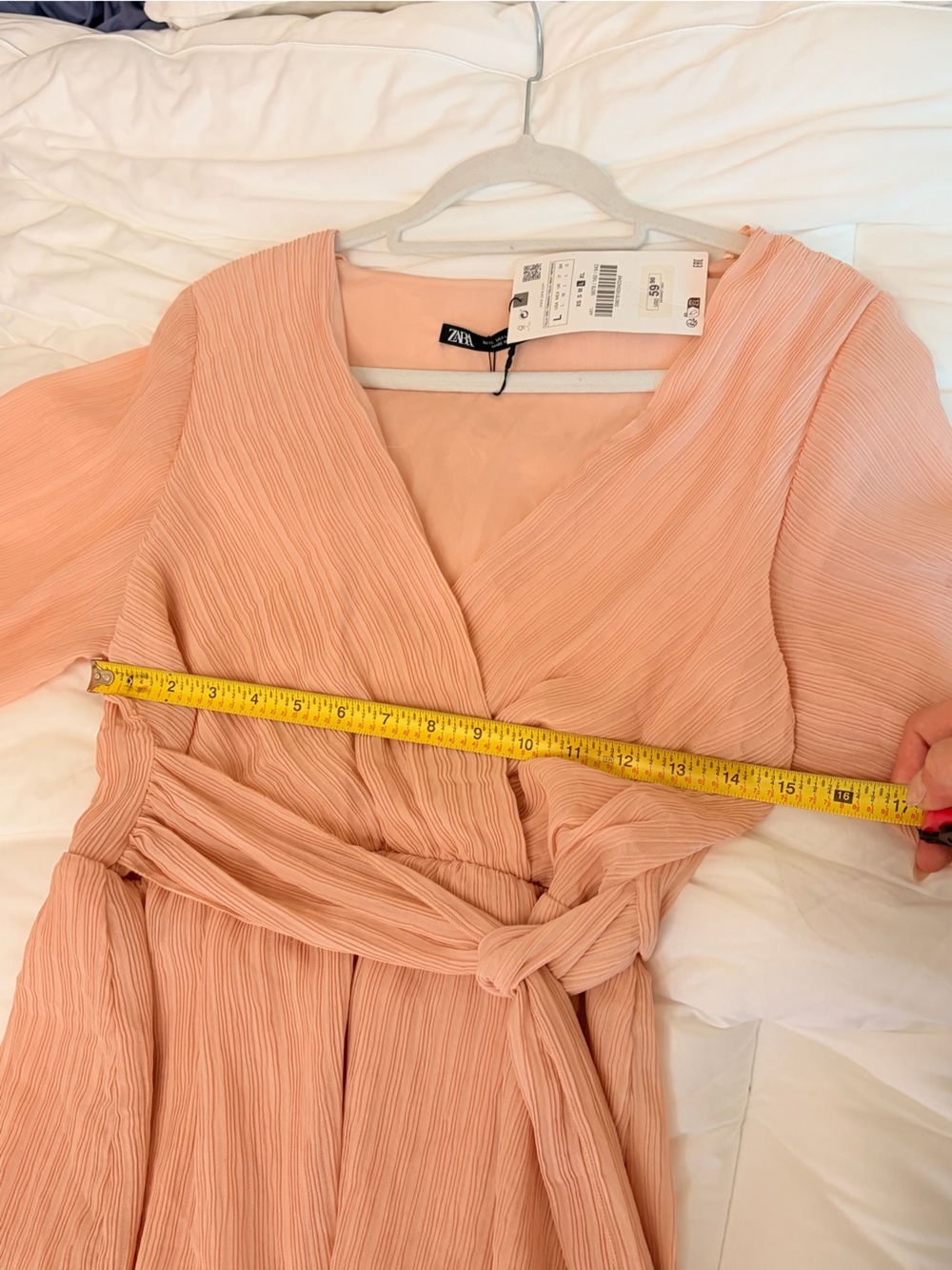 Zara NWT Textured Wrap Mini Dress Peach Blush Tiered Ruffle Size Large - Picture 6 of 9